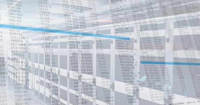 Displaying bank of server racks overlaying log columns in server room aisle, LED lights glowing