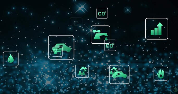 Fototapeta Floating green tile cluster moving across teal dashboard, with electric car, CO2, water, chart