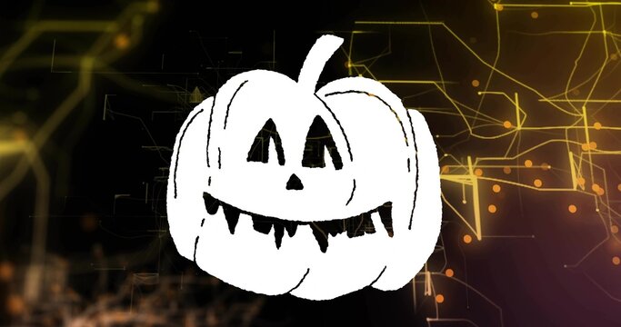 Displaying white hand-drawn jack-o'-lantern glowing on dark digital background, with circuit nodes