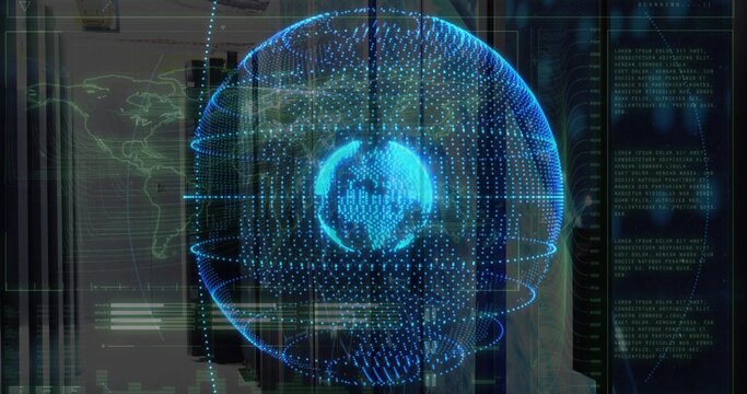 Rotating blue holographic globe emitting data streams in server room, with HUD overlays and racks - Powered by Adobe