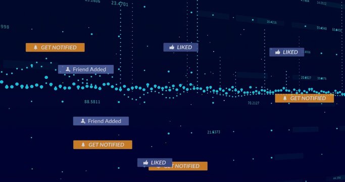 Streaming cyan data points across analytics dashboard, showing GET NOTIFIED, LIKED, Friend Added - Powered by Adobe