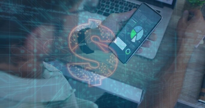 Wearing longsleeve shirt and holding smartphone showing pie chart at desk, laptop, dollar overlay