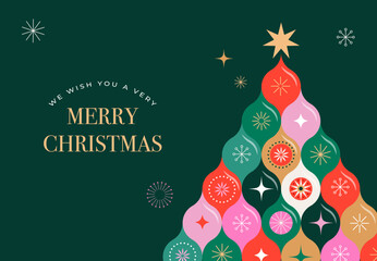 Merry Christmas and Happy New Year 2026 template. Christmas tree in modern minimalist geometric style.