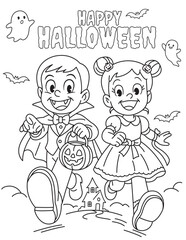 Happy Halloween. Kids in vampire and princess costumes walking with pumpkin buckets. Cute Halloween coloring page for children, fun holiday activity and printable worksheet.