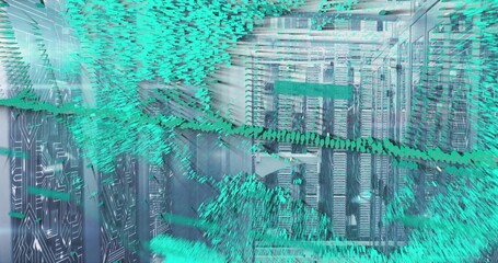 Glowing central server racks reflecting teal data visualization across data center with cable trays