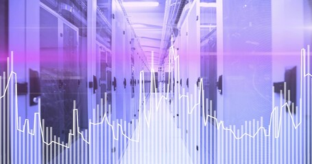 Framing central server aisle leading to vanishing point in data center, with telemetry overlay