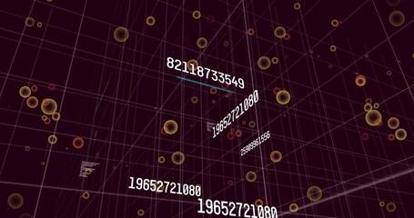 Floating central white numbers receding within 3D wireframe grid, showing 19652721080 and spheres