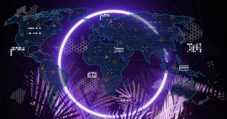 Obraz premium Hovering violet ring encircling neon-blue world map in holo UI, showing palm fronds and data nodes