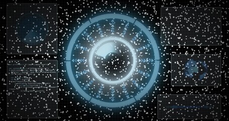 Glowing blue HUD dominating console, showing sphere, rings, radial markers, code-left, particles