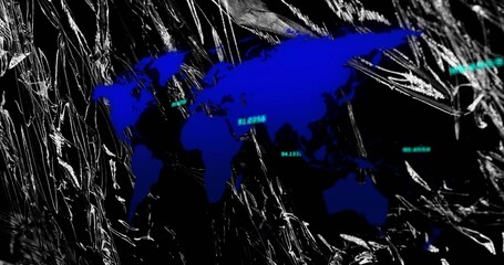 Displaying deep blue world map silhouette on crumpled foil broadcast backdrop showing cyan labels © vectorfusionart