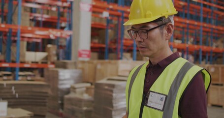 Checking Korean worker in yellow helmet and hi-vis vest inspecting racking at warehouse, copy space