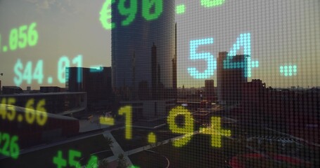 Showing central cylindrical glass tower at downtown plaza through dot-matrix ticker, with $ figures