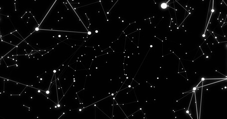 Displaying abstract network of white nodes forming thin meshes on black canvas, with glowing hubs