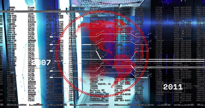Displaying red North America map inside dashed ring in data center, showing nodes, code, 2007 2011