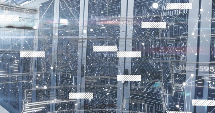 Displaying centered row of server racks glowing with status LEDs in data center, digital overlay