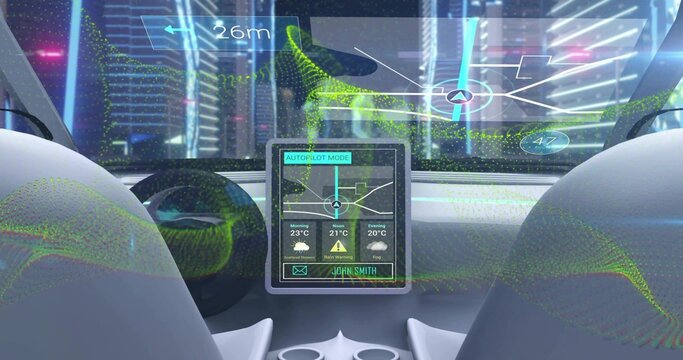 Fototapeta Projecting HUD while holo sensors sweeping glass in car cockpit nighttime, tablet showing AUTOPILOT