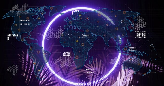 Hovering violet ring encircling neon-blue world map in holo UI, showing palm fronds and data nodes - Powered by Adobe