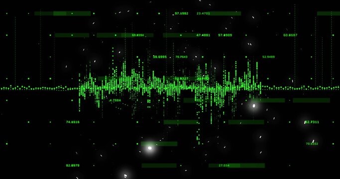 Displaying central neon-green waveform pulsing across dark digital interface, with numeric labels - Powered by Adobe