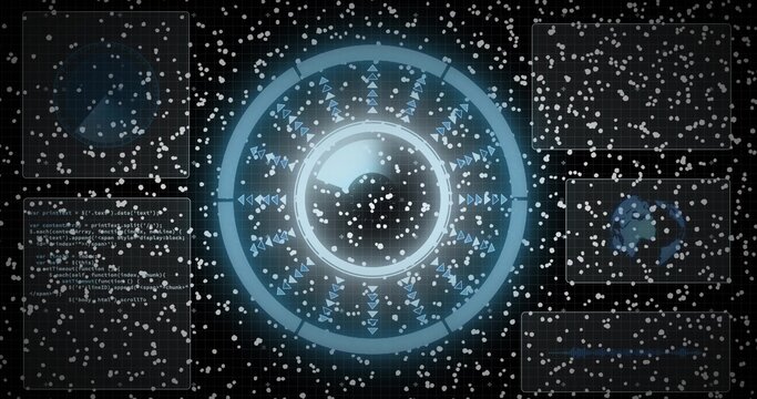 Glowing blue HUD dominating console, showing sphere, rings, radial markers, code-left, particles
