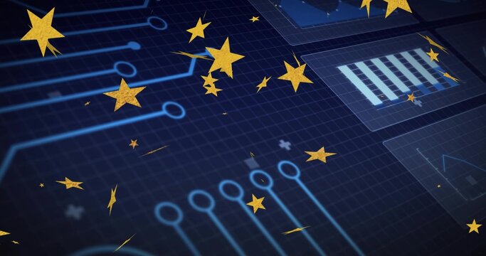 Naklejki Glittering golden stars floating over navy grid with cyan nodes, faint UI panels showing charts