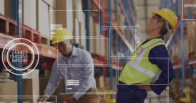 Scanning two workers wearing yellow hard hats checking boxes in warehouse racks with HUD overlays