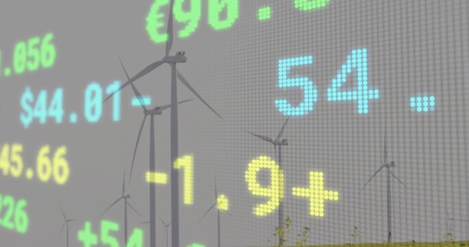 Displaying LED ticker overlay covering rural wind farm with 3-blade turbines, $ € numbers on grid - Powered by Adobe