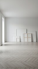 Minimalist White Interior with Blank Canvases and Herringbone Wood Floor for Art Display and Creative Space Visualization