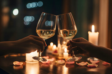 Couple toasting with white wine in wine glasses during a romantic candlelit dinner with rose petals