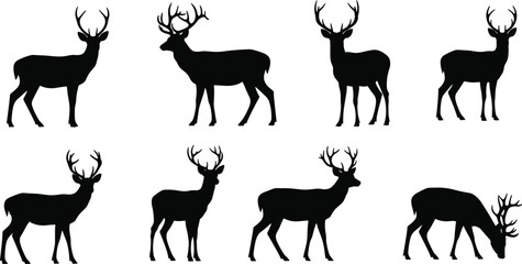 Deer, silhouette, antlers, wildlife, animal, nature, forest, stag, elk, grazing, walking, standing, vector, illustration, black, posture, wild, majestic, profile, herd