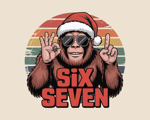 Bigfoot in santa hat and sunglasses with retro sunset 'six seven' text design