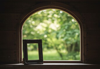 Rustic Window View with Empty Picture Frame and Lush Green Garden Background Scene