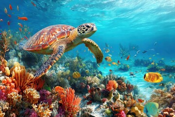 Fototapeta premium Sea Turtle Swimming Over a Vibrant Coral Reef Ecosystem Underwater Shot in Tropical Blue Ocean Waters