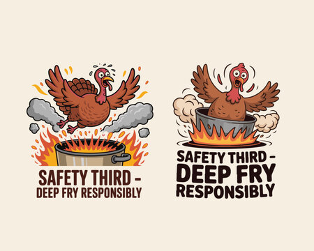 Deep fry turkey safety humor cartoon, scared bird avoids hot oil danger