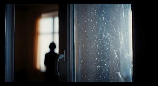 Silhouette of a figure standing by a bright window viewed through a dirty glass pane, suggesting reflection, isolation, or a contemplative moment in a personal space, moody atmosphere