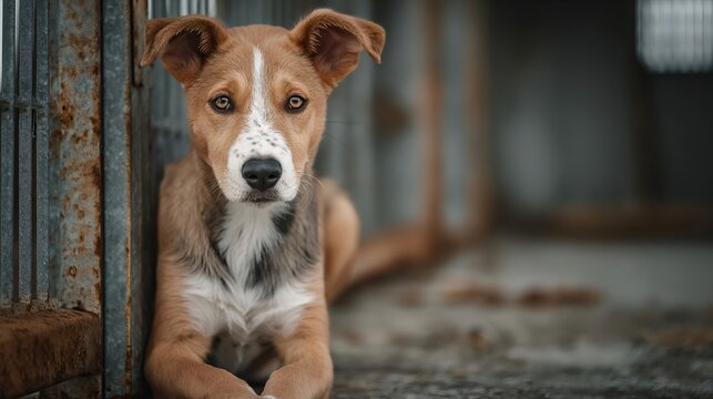 Puppy resting in shelter cage looking for adoption