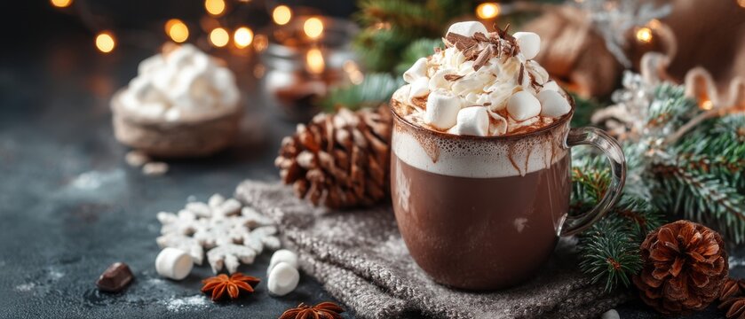 Cozy winter scene of hot chocolate with marshmallows and whipped cream on a knitted blanket still life