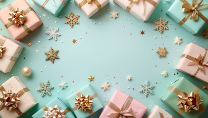 Elegant winter holiday gifts with gold ribbons and stars offer a festive, celebratory mood for Christmas promotions and cheerful seasonal marketing campaigns