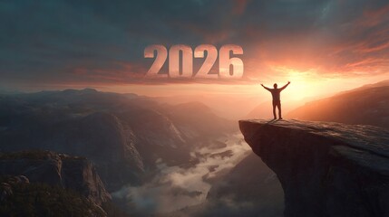Person standing on mountain cliff celebrating 2026 sunrise