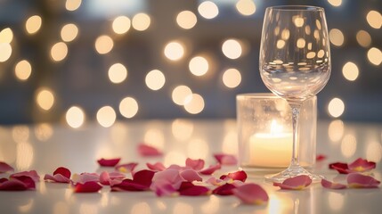 Wine glass candle and rose petals