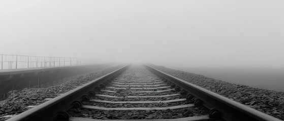 Railroad Tracks Vanishing into Dense Fog Black and White Low Angle Perspective Moody Atmospheric Mystery Transportation Infrastructure