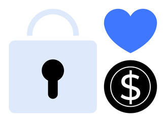 Padlock signifies security, blue heart suggests care or affection, black dollar icon represents financial stability. Ideal for privacy, finance, love, trust, data protection, safety simple flat