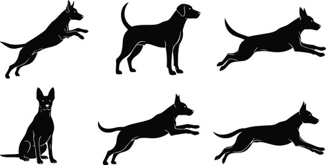 Dog silhouette vector set, various poses, sitting, running, leaping, black animal shapes, pet motion study, canine action illustration
