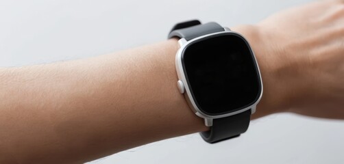 Close up of a person's wrist wearing a black band smartwatch with a silver frame