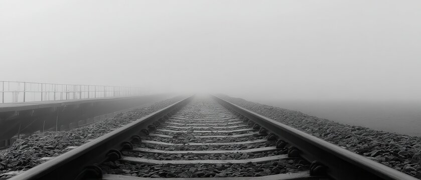 Railroad Tracks Vanishing into Dense Fog Black and White Low Angle Perspective Moody Atmospheric Mystery Transportation Infrastructure