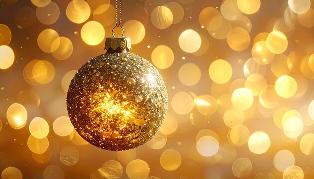Golden Christmas Ornament with Bokeh Lights Background.