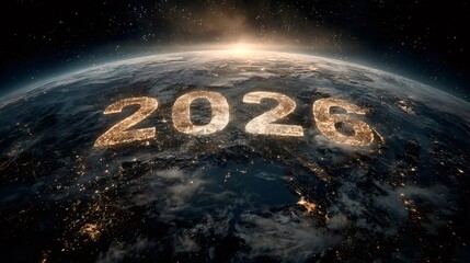 Earth showing year 2026 city lights at sunrise