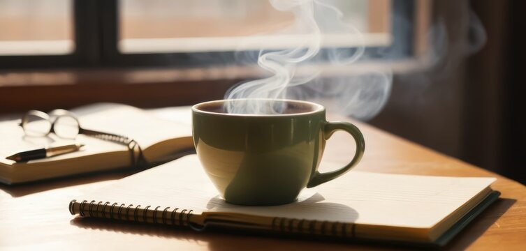 A green mug of steaming coffee sits on an open notebook beside reading glasses and a pen - Powered by Adobe