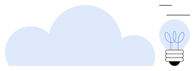 Blue cloud alongside a lightbulb with plant-thumbs up filaments, representing innovation, eco-friendly technology, clean energy, cloud computing, sustainability, minimalism, and creativity. A simple