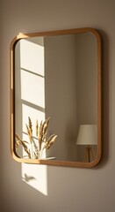 Minimalist home decor featuring a square mirror with a light wood frame casting shadows creating a warm and inviting atmosphere