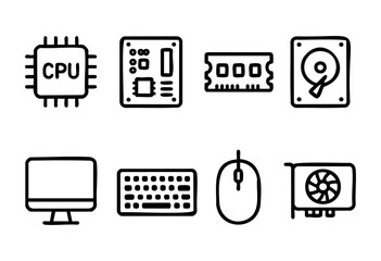 Set of simple line drawings showcases essential computer hardware components including CPU, motherboard, RAM, hard drive, monitor, keyboard, mouse, and graphics card.